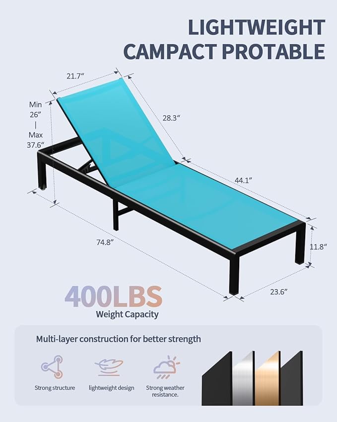 Aluminum Lounge Chairs Outdoor Chaise Furniture,2 Sets Patio Metal Deck Lounger Adjustable 5-Position Poolside Chase Recliner with Wheels for Beach,Coffee Table, (Blue, 2 Chairs)