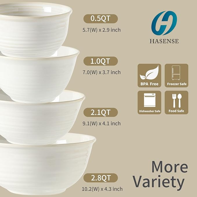 Hasense Porcelain Mixing Bowls, 2.8/2.1/1.0/0.5 Qt, Handmade Large Salad Serving Bowls for Kitchen, Deep Nesting Dishes for Cooking and Baking, Microwave Dishwasher Safe, Clay-Infused White