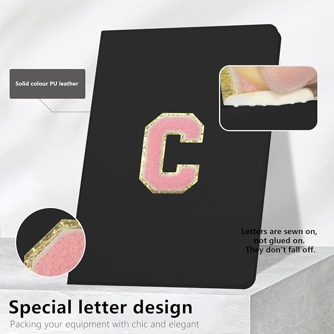 for iPad 9th Generation 10.2 Inch 2021/2020/2019 Case Initial Chenille Letter Suture Personalized for iPad 9th/8th/7th Generation Case with Auto Sleep/Wake Pencil Holder (Black A)