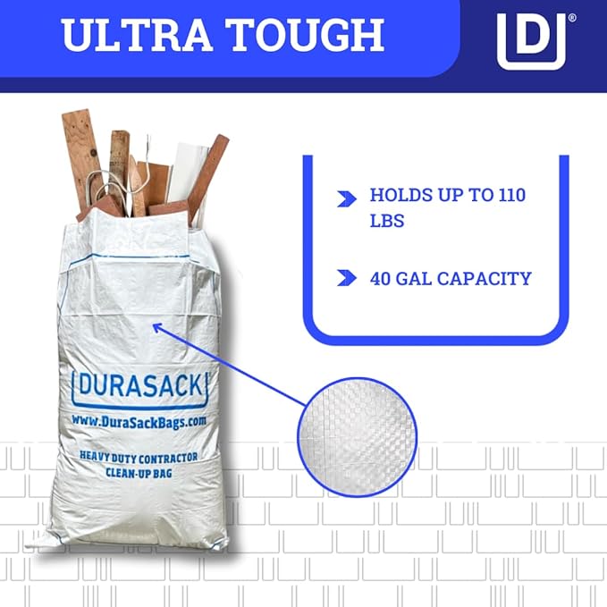 DURASACK Contractor Bags Heavy Duty 40-Gallon Reusable White Woven Polypropylene Contractor Garbage Bags, Pack of 20