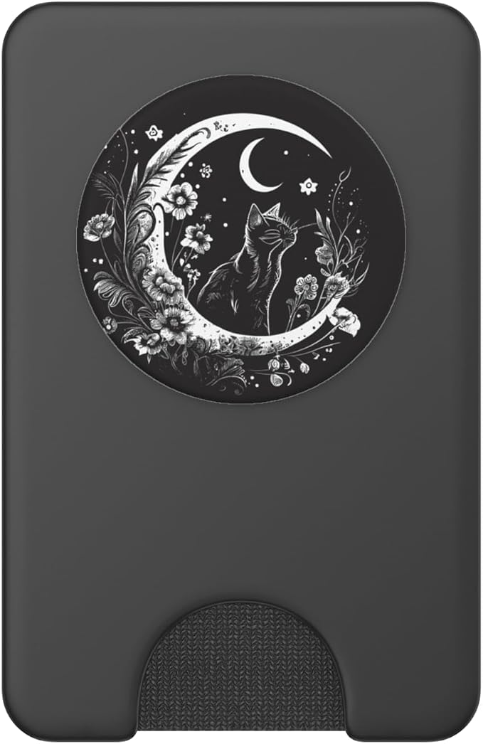 Cat Sitting On Crescent Moon Flowers Stars Drawing PopSockets Adhesive PopGrip