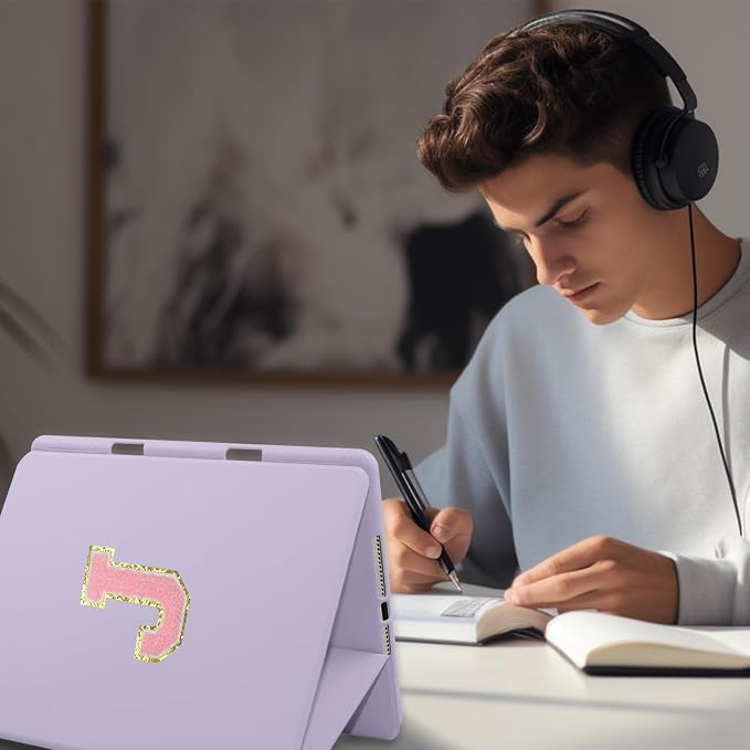 for iPad 9th Generation 10.2 Inch 2021/2020/2019 Case Initial Chenille Letter Suture Personalized for iPad 9th/8th/7th Generation Case with Auto Sleep/Wake Pencil Holder (Black A)