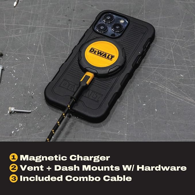 DEWALT Heavy Duty Wireless Charger 15W Max Cell Phone Charger | Wireless Charging Pad for MagSafe Compatible iPhone 17/16/15/14/13/12 Plus Pro Max Includes Wall Mounting Plate