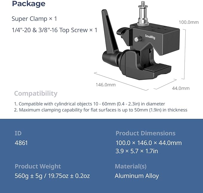 SMALLRIG Super Clamp Kit, Heavy Duty Max Load 33lb /15kg, with a 1/4"-20 & a 3/8"-16 Top Screw on a 5/8" Stud, for Photography Studio Video Camera Lighting, for Round Pipe and Flat Surface