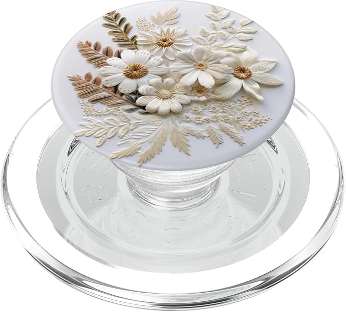 Beige Floral Flower Pattern On White Background PopSockets PopGrip for MagSafe