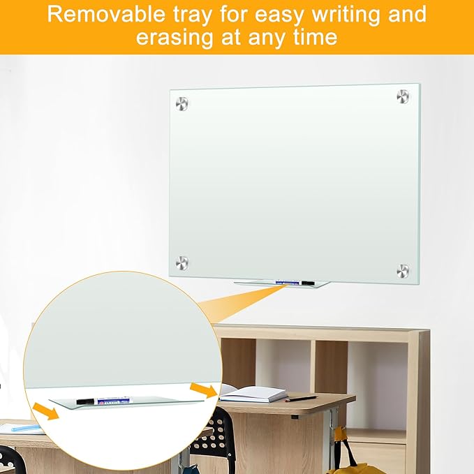 H-Qprobd Glass Whiteboard 60"x40" Magnetic Dry Erase White Board for Wall, Includes 12 Magnets, 8 Markers and 2 Erasers