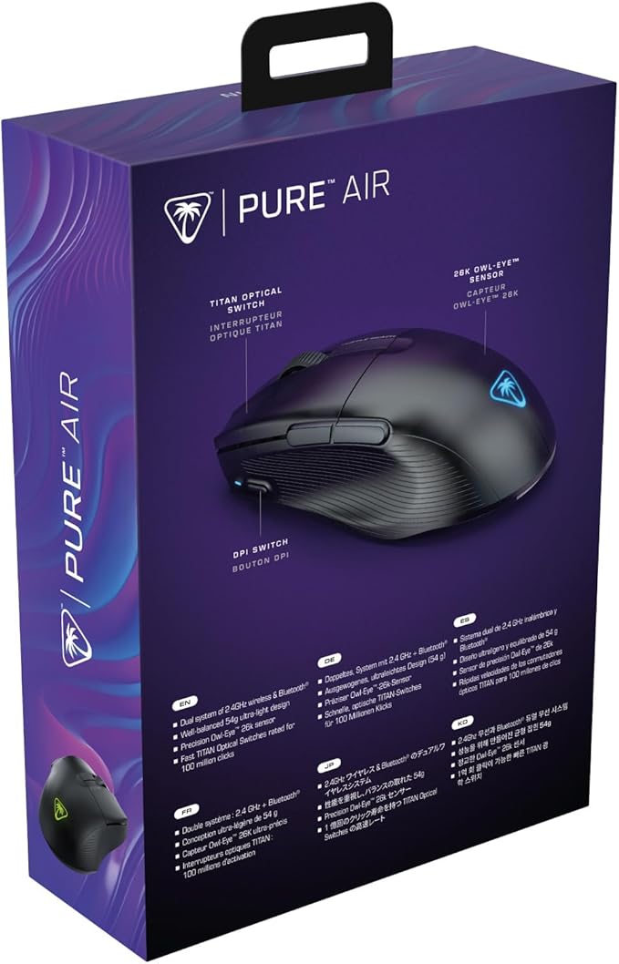 Turtle Beach Pure Air Wireless RGB Gaming Mouse, Ultra-Light 54g Ergonomic Design, 26000 DPI Optical Sensor, 125-Hour Rechargeable Battery, Dual Wireless + Bluetooth, Titan Optical Switches – Black