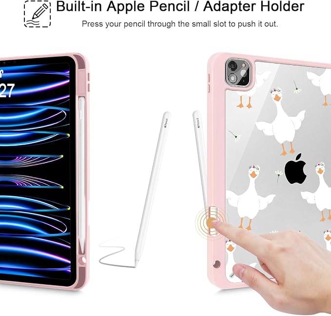 May Chen Case for iPad 12.9 Inch (6th/5th/4th/3rd Generation 2022/2021/2020/2018) Pencel Holder + Trifold Support Auto Sleep/Wake Transparent Shockproof Back Cover Blue Bows