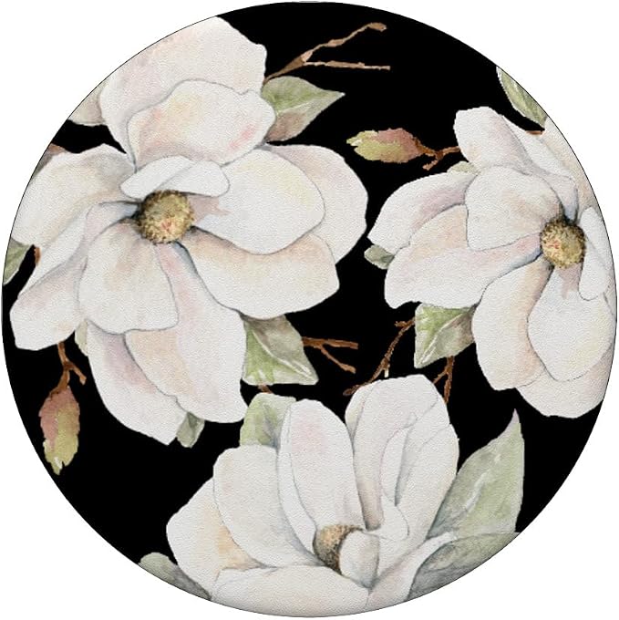 White Magnolias Floral Pattern on a Black Background PopSockets Adhesive PopGrip