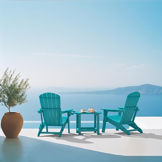 Plawdlik Folding Adirondack Chair, SGS Tested, Wooden Textured with Cup Holder, Heavy All-Weather HDPE Comfortable Set Poolside Backyard Lawn Aruba Blue Set 4