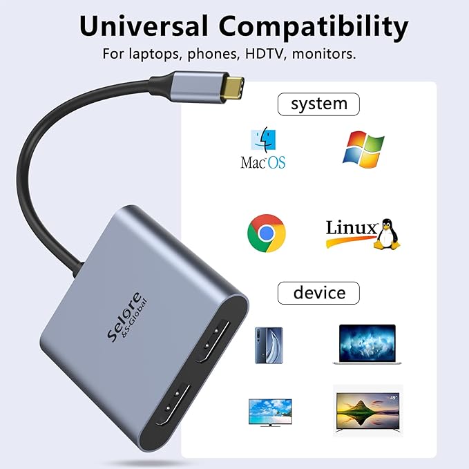 USB-C to Dual 4K DisplayPort Splitter Adapter, USB Type C to Displayport Dual Monitor Converter 4K 60HZ, USB C Displayport Hub Compatible for Dell XPS 13 15,Lenovo Yoga,Sumsung Chromebook,HP etc