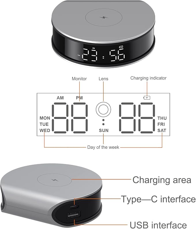 Wireless Phone Charger Clock Hidden Camera 1080P Night Vision/Motion Detection Alarm/App Control/SD Storage Spy Camera for Home Security Indoor.