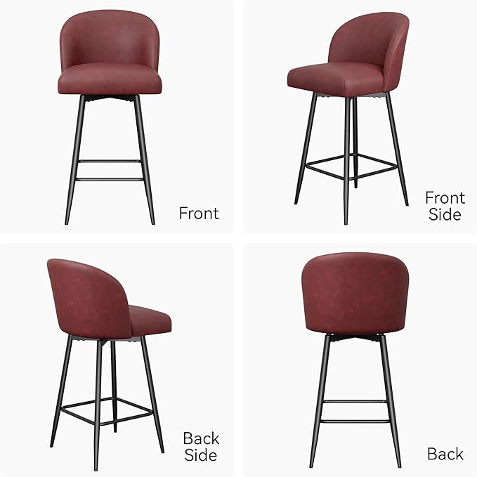 Counter Height Bar Stools Set of 2,360° Swivel Barstools with High Back and Metal Legs,26" Seat Height, Upholstered PU Leather Bar Chairs for Kitchen Island, Dining Room,Cafes,Red