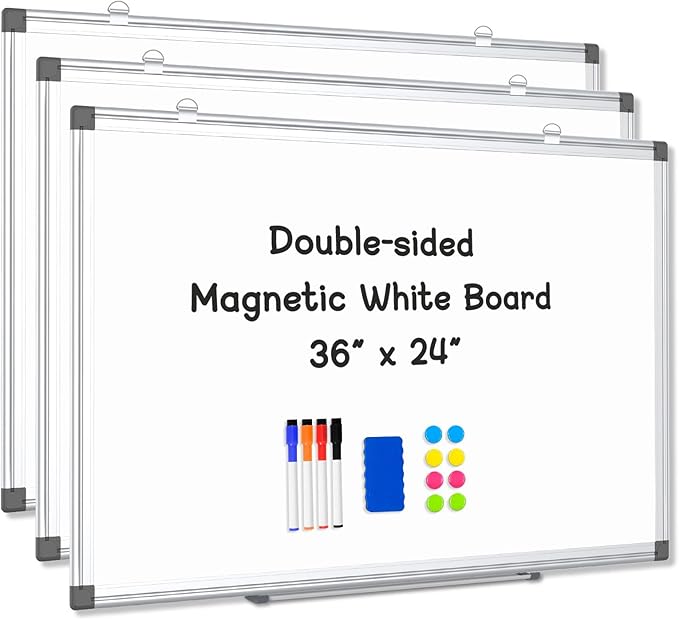 3 Pack Double-Sided Magnetic Whiteboard, 36" x 24" Dry Erase Board, Aluminum Frame White Board for Wall, Hanging Mounting White Board Dry Erase Marker Board for Office, School, Home