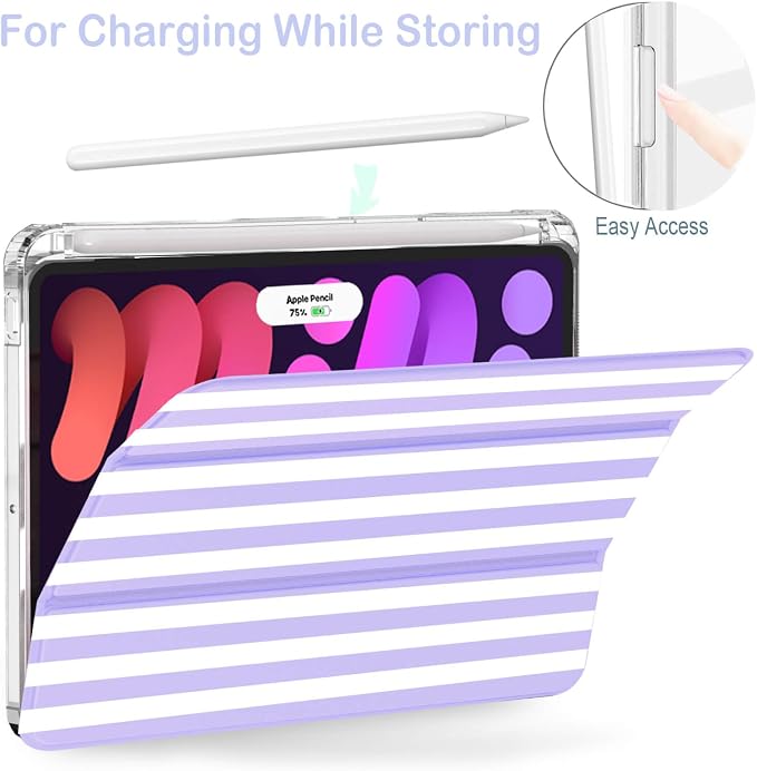 Feams Case for iPad mini 7 A17 Pro 2024/iPad Mini 6 2021 Slim Lightweight Trifold iPad mini 7 A17 Pro Case 8.3 Inch 2024 Clear Back Cover with Pencil Holder &amp Auto Sleep Blue Bow