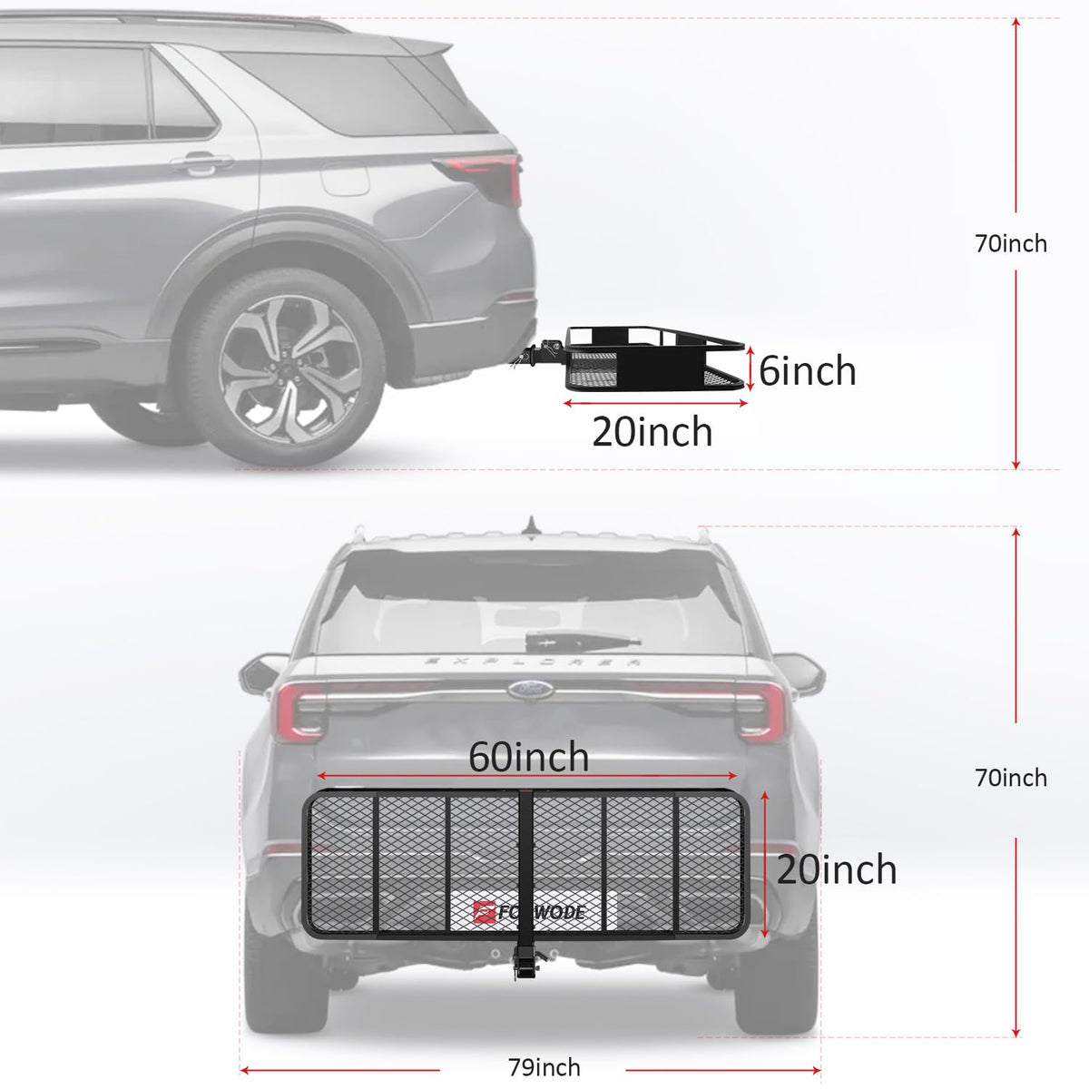 FORWODE 60x20x6 Hitch Cargo Carrier for 2 Inch Receiver, 500LB Capacity Hitch Mount Cargo Rack Carrier, Folding Hitch Cargo Basket with Antirust Coat