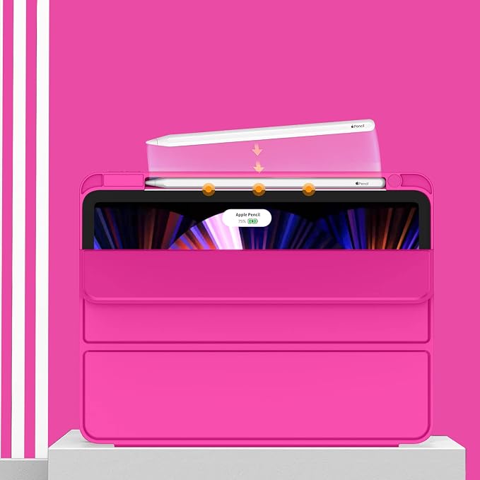 New iPad Pro 11 Inch Case 2022(4th Gen)/2021(3rd Gen)/2020(2nd Gen) with Pencil HolderSmart iPad Case [Support Touch ID and Auto Wake/Sleep] with Auto 2nd Gen Pencil Charging (Deep Pink)
