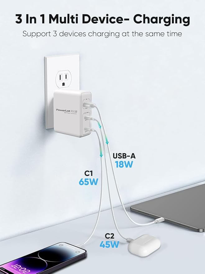 PowerLot 140W GaN PD Power Adapter18W USB-A Charger PD3.1 140W Type C Wall Charger or MacBook Pro 16'' Dell XPS iPhone 16/15 Pro Max iPad Pro ChromebookTablet