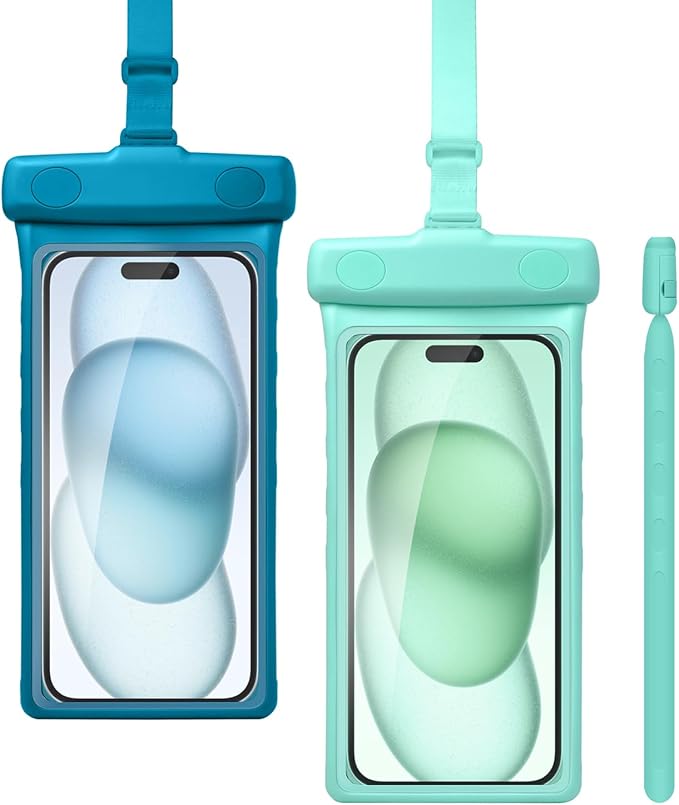 wellhouse Waterproof Phone Pouch, Waterproof Phone Case for iPhone 16 15 14 13 12 Pro Max XS Samsung, IPX8 3D Cellphone Dry Bag Beach Essentials (2 Pack -Earl Blue & Green 7.0", 7 inch)