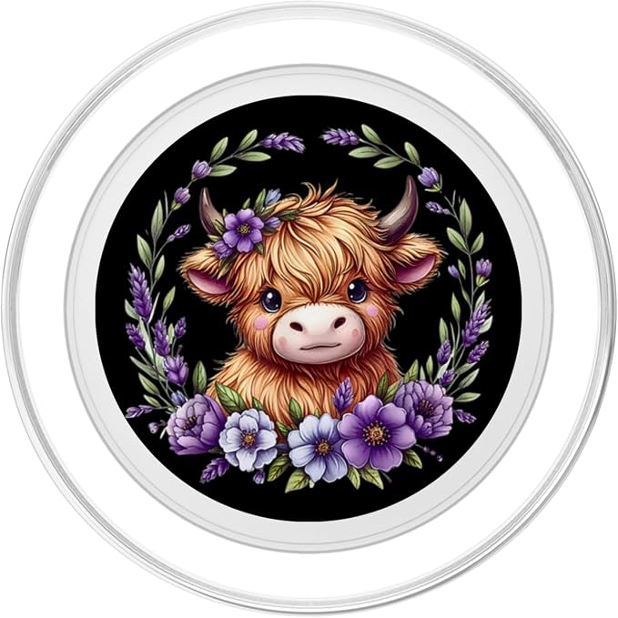 Baby Highland Cow with Purple Flowers Scottish Farm PopSockets Adhesive PopGrip