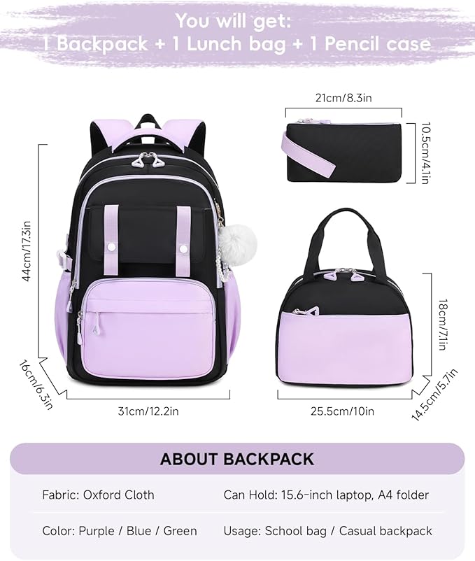 Girls Backpack with Lunch Box 3Pcs, Waterproof School Bag Set for Teen Elementary Middle School, Multi-Pocket Laptop Bookbag Lightweight, Purple