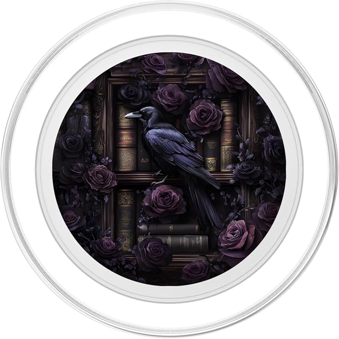 Dark Gothic Bookshelf with Raven and Moody Purple Roses PopSockets Adhesive PopGrip