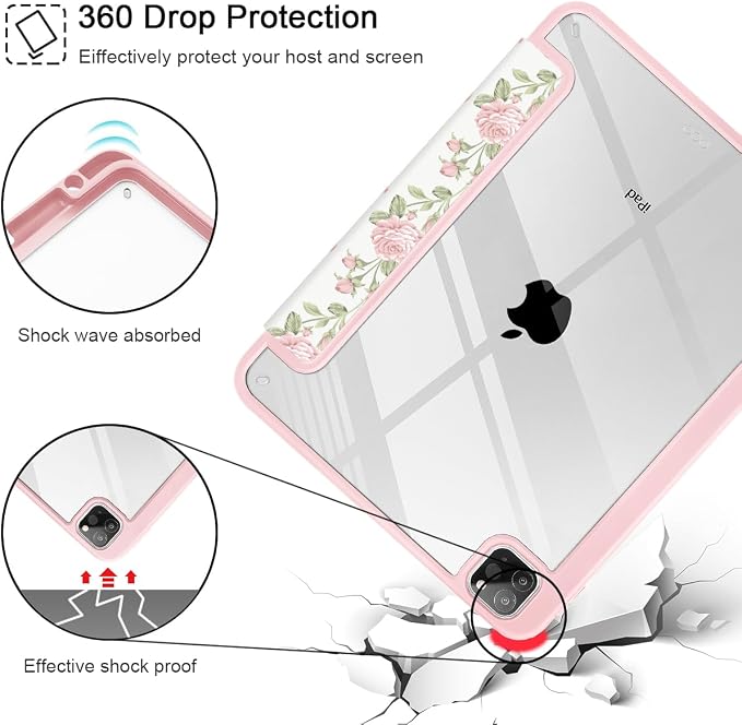 Case for iPad 12.9 Inch (6th/5th/4th/3rd Generation 2022/2021/2020/2018) Pencel Holder + Trifold Support Auto Sleep/Wake Transparent Shockproof Back Cover Abstract Floral SD163