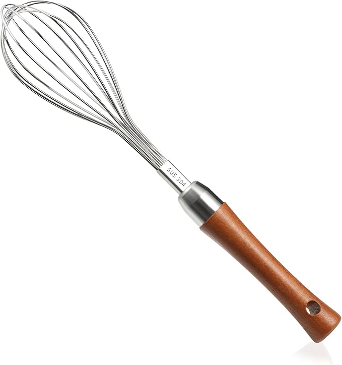 Stainless Steel Whisk Wiht Non-Slip Wooden Handle, Balloon Whisk Egg Beater For Stirring Whisking Blending Mixing Egg Gravy Cake Batter Flour Or Sauces (10.8"L x 2.4"W)
