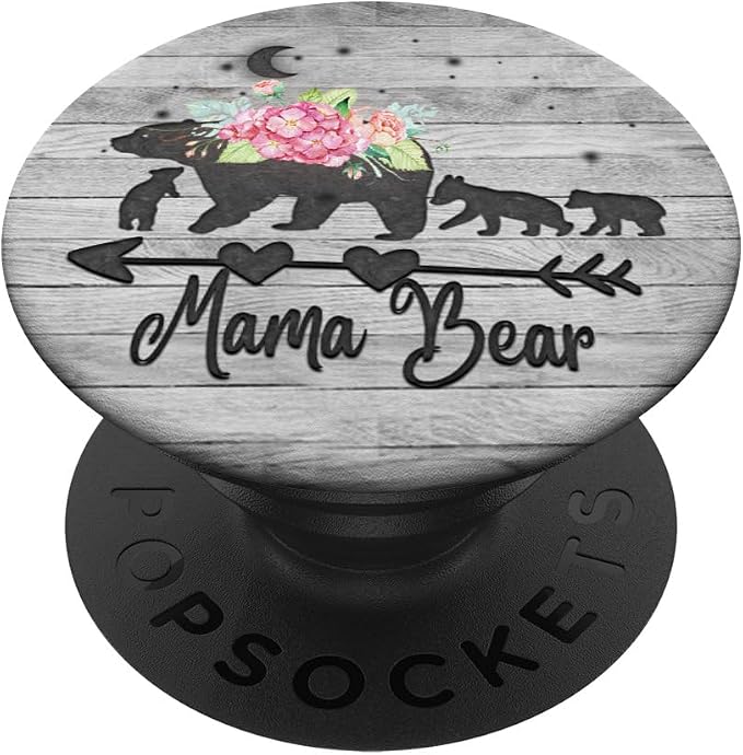 Mama Bear three cubs Pink Floral Flowers Mom mother Grey PopSockets Adhesive PopGrip