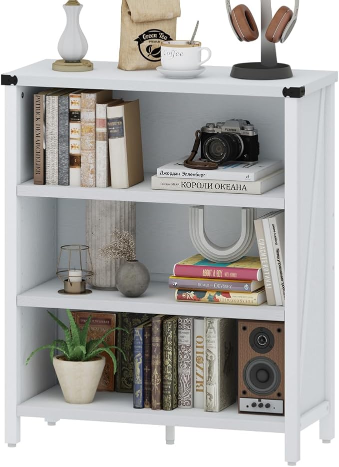 BON AUGURE White Bookcase, 3 Shelf Bookshelf, Farmhouse Wooden Book Cases/Shelves, Small Open Storage Book Shelves for Home School Library Office Bedroom Kids (White Oak)