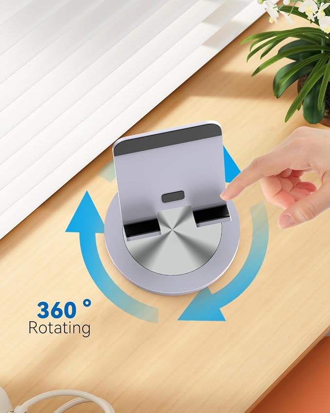 Phone Stand for Desk 360° Rotating Dual Adjustable Foldable Cell Phone Holder Heavy Solid All-Aluminum Base Anti-Slip Stable Support for Home Office Study Fits iPhone Galaxy 4-8 Phones