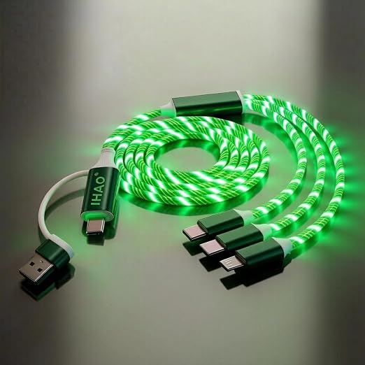 IHAO Multi Ports Light-Up USB Cable USBA to USBC/MicroUSB Cable Durable Fast Charging Cable with Visible Current Flow As Night Light Use-3in1 Blue