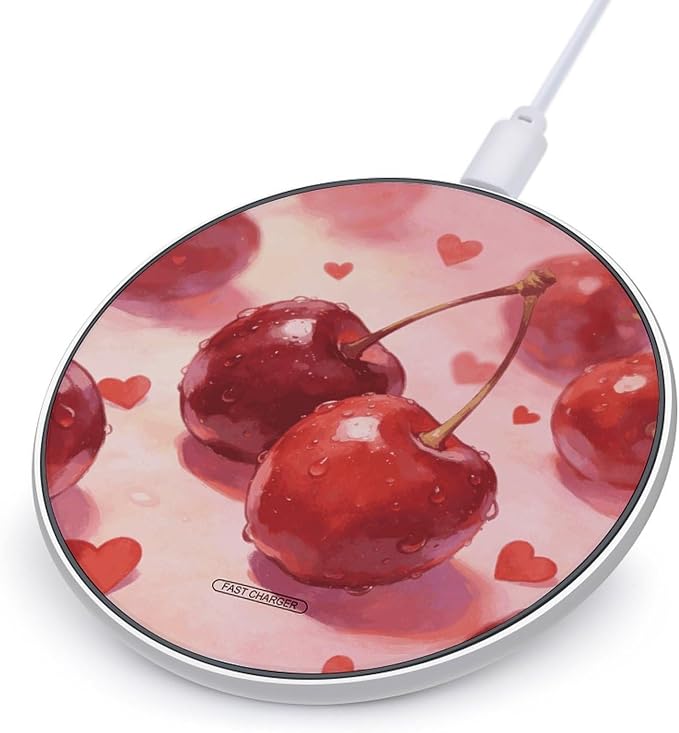Cherries and Hearts Wireless Charger Aluminum Alloy Frame 10W Fast Charging Pad with Indicator Light 6mm Thin &amp Portable Wireless Charging Pad for Travel Home Office Desk