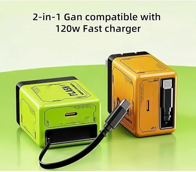 2-in-1 Compatible Fast Charger Fast Charger Module with Type-C Cable Retractable Phone Wall Plug for Phone and Laptops (Green)