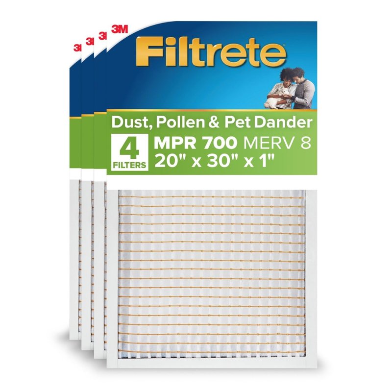 Filtrete 20x30x1 AC Furnace Air Filter, MERV 8, MPR 700, Tough on Pollen, Easy on Airflow, 3-Month Pleated 1-Inch Electrostatic Air Cleaning Filter, 4-Pack (Actual Size 19.880 x 29.880 x 0.8125 in)