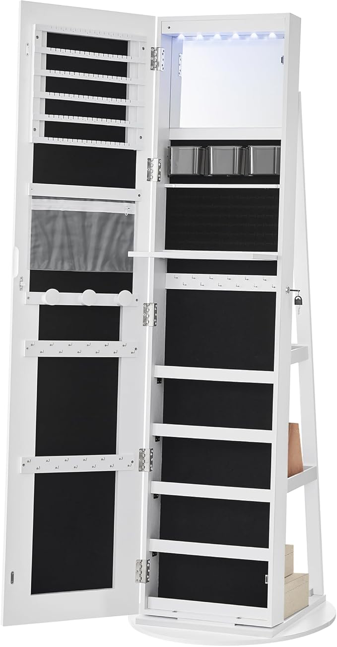 SONGMICS LED Jewelry Cabinet Standing, Lockable Armoire With Full-Length Mirror and Adjustable Lights, Space-Saving Organizer, Gift Idea, Cloud White UJJC008W01