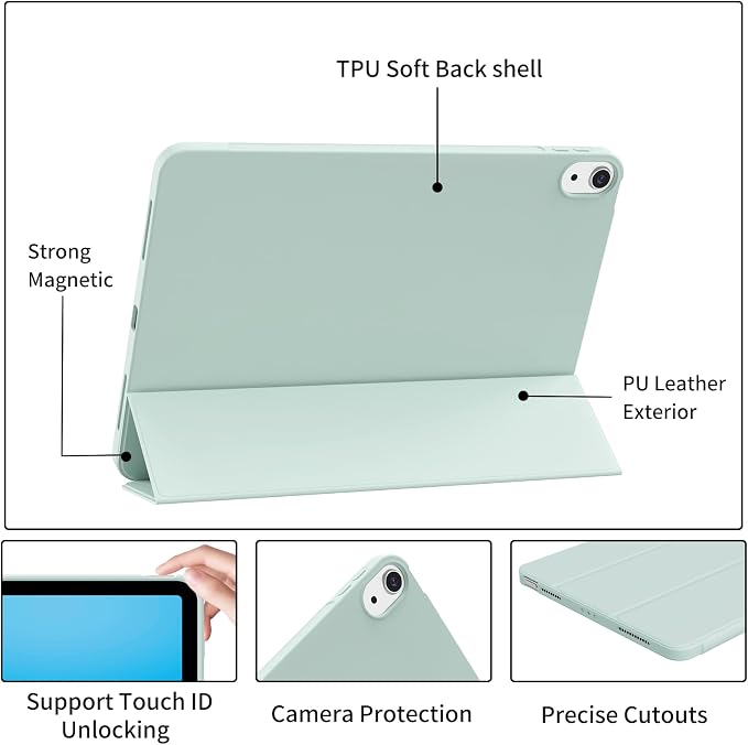 Case for iPad Air 11 Inch M4/M3/M2 iPad Air 5th/4th Gen 10.9 Inch | Soft TPU Back Shell &amp Slim Trifold Stand Cover without Pencil Holder Support Pencil Charging Auto Wake/Sleep Black