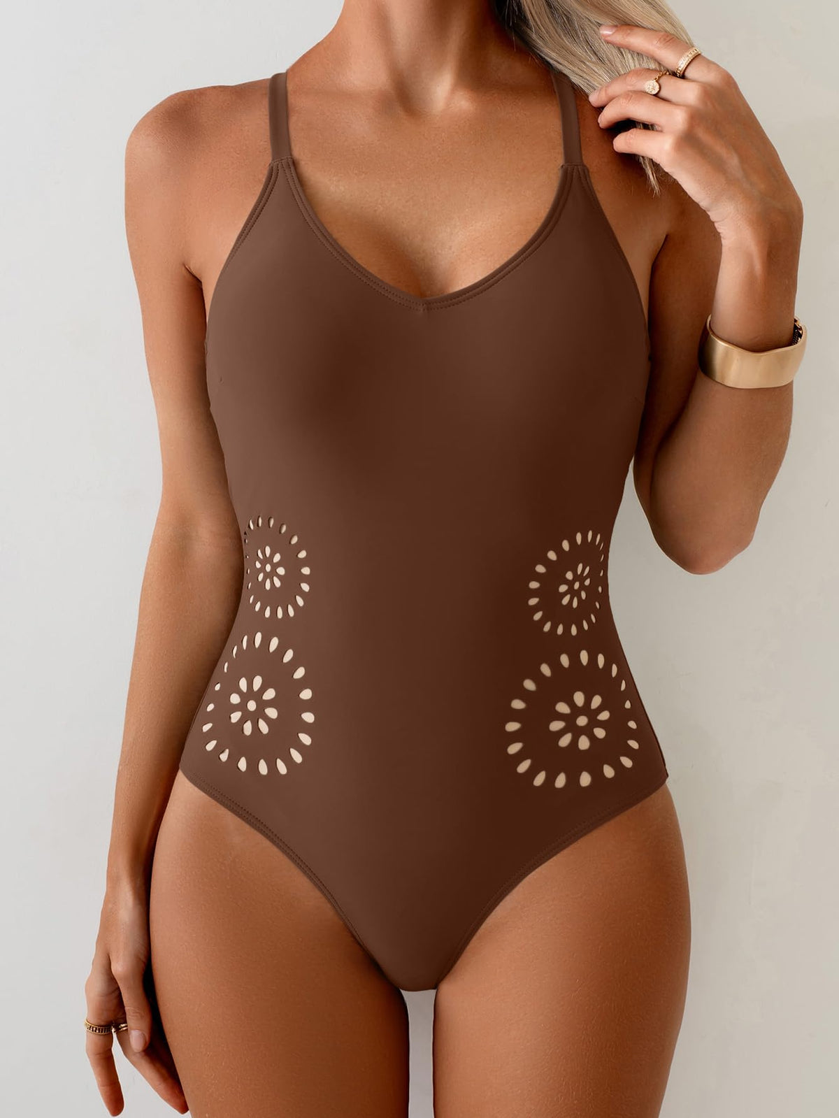 Aidonger Women's One Piece Swimsuit Tummy Control V Neck Bathing Suit Slimming Cutout Tie Knot Swimwear Coffee