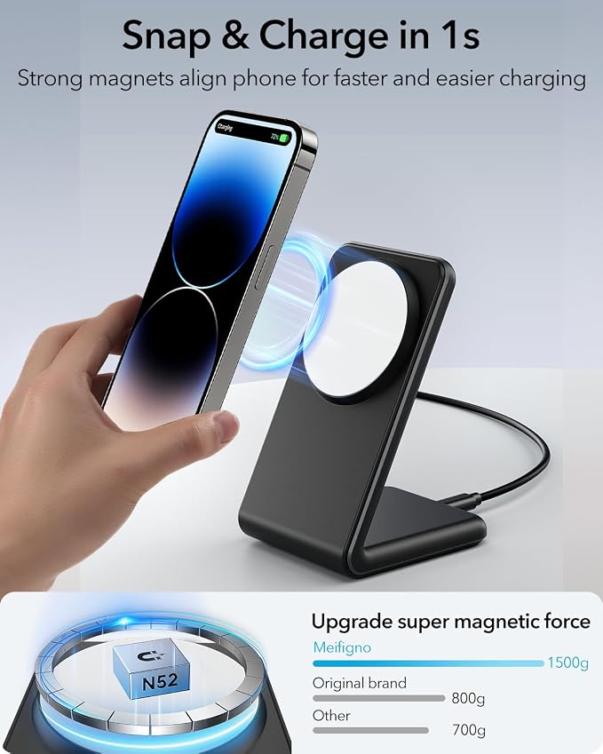 Meifigno Magnetic Wireless Charger Designed for iPhone 16 Pro Max/15/14/13/12 Series Fast Charging with PD 20W USB-C Adapter &amp Cable Compatible with MagSafe Charger Stand Black