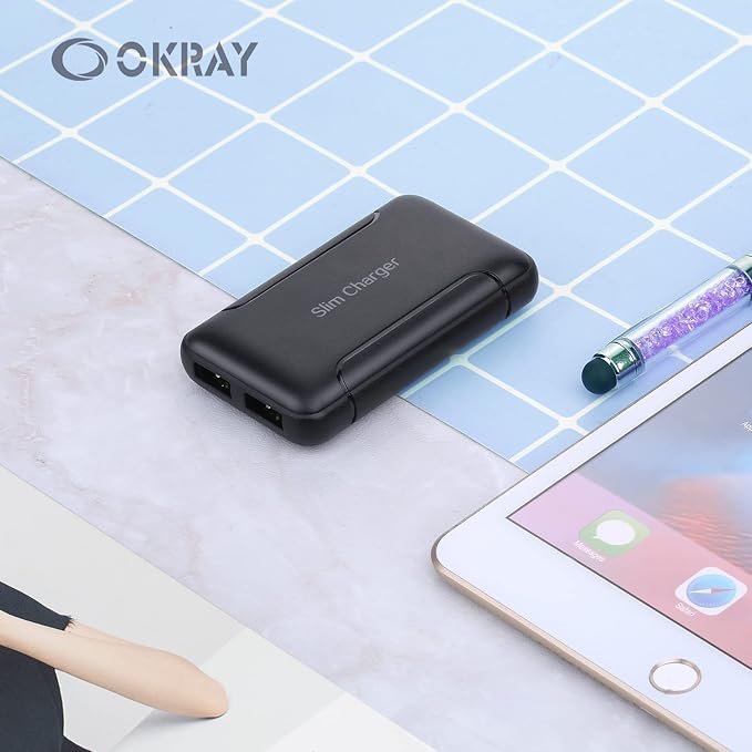 Slim USB Charger Block OKRAY Flat Dual USB Wall Charger with Foldable Plug | 3Pack Ultra-Thin 5v/3a Fast Charging Blocks USB-A Port Phone Charger Travel Adapter for iPhone 14 13 12 11 XR Galaxy S24