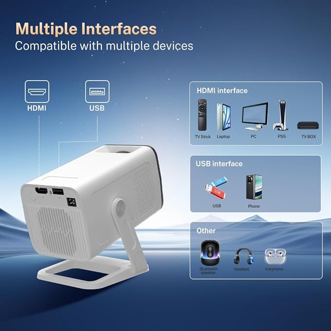 Mini Projector with WiFi 6 and Bluetooth 5.4 Built-in Apps Portable Projector Android 11 Auto Keystone 1080P 4K Support for Bedroom Outdoor Compatible with iOS/HDMI/TV Stick VisualCube 300