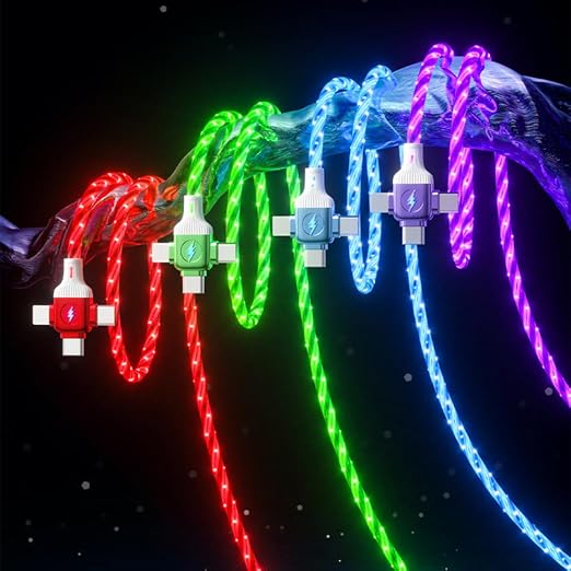IHAO Multi Ports Light-Up USB Cable USBA to USBC/MicroUSB Cable Durable Fast Charging Cable with Visible Current Flow As Night Light Use-3in1 Blue