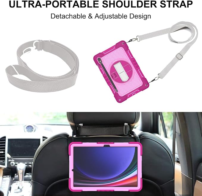 Case for Samsung Galaxy Tab S10 Lite 10.9-Inch Tablet – Shockproof Silicone Protective Cover with Shoulder StrapWrist Strap Drop-Resistant Business Style (Rose red+Pink)