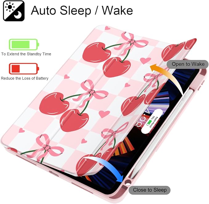 Mektron Case for iPad Pro 11 inch Case M2 2022 Generation 4th Fit 2021 2020 2018 iPad Pro 11 (3rd 2nd &amp 1st Gen) -Buit in Pencil Holder with Shockproof Cover Clear Shell Blue Bows &amp Flower