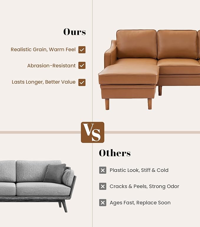Kingfun 88" L-Shape Sofa, Faxu Leather Sectional Couch, Mid Century Modern Couches with Solid Wood Frame for Living Room & Bedroom, Brown