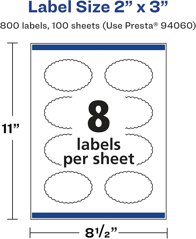 Avery Glossy White Oval Scalloped Labels, Sure Feed Technology, 2" x 3", 800 Glossy White Labels, Print-to-The-Edge, Permanent Adhesive, Laser/Inkjet Printable