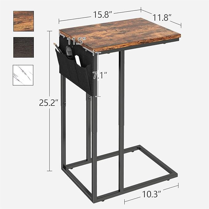 Livofloral C Shaped End Table for Couch, Small Side Table for Sofa With Storage Bag, TV Tray for Living Room, Bedside Table for Bedroom, Snack End Table, Brown