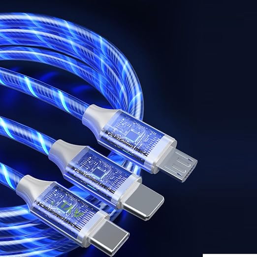 IHAO Multi Ports Light-Up USB Cable USBA to USBC/MicroUSB Cable Durable Fast Charging Cable with Visible Current Flow As Night Light Use-3in1 Blue