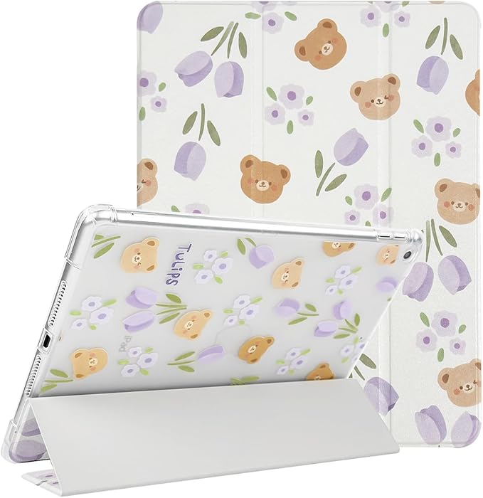 Lovmooful for iPad 9/8/7 Gen Case with Pencil Holder Cute-Bear Flower | Fit for iPad 9/8/7 (10.2-Inch2021/2020/2019 Model9th/8th/7th Generation)Soft TPUTrifold StandProtectiveGirly