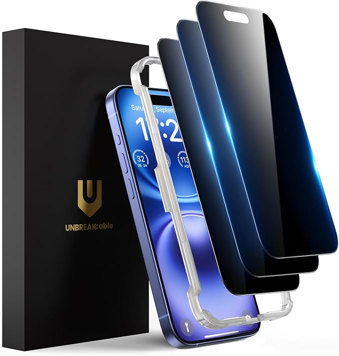 UNBREAKcable Privacy Screen Protector for iPhone 15 (6.1) 25° Anti-Spy Tempered Glass Easy Install Alignment Frame Case-Friendly 9H Hardness Anti-Fingerprint 3-Pack